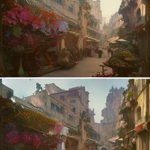 A greengrocer in colorful genoa street+Italian sea+alphonse mucha, greg rutkowski,matte painting, cryengine, hyper detailed, felix kelly, fantasy art, seb mckinnon