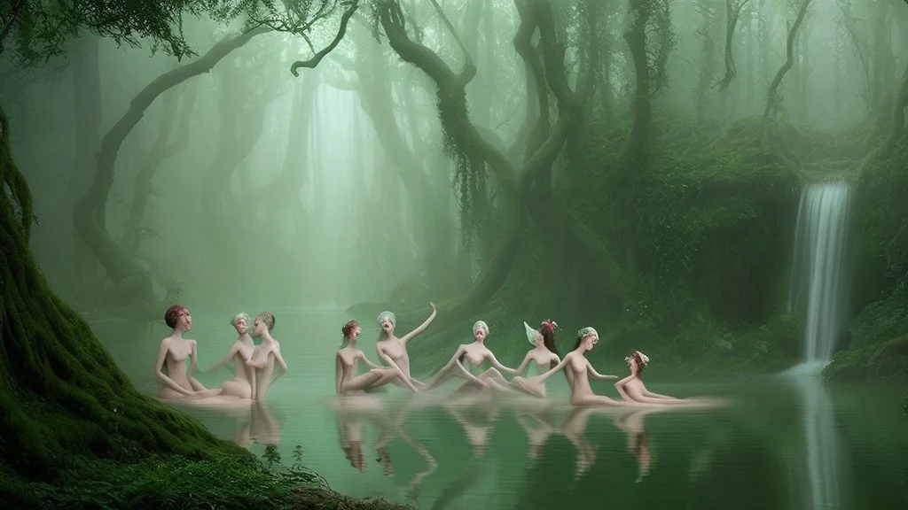 In the heart of a mystical forest, where the veil between reality and imagination is thin, lies a scene of ethereal beauty: The nymphs of the great bathers.