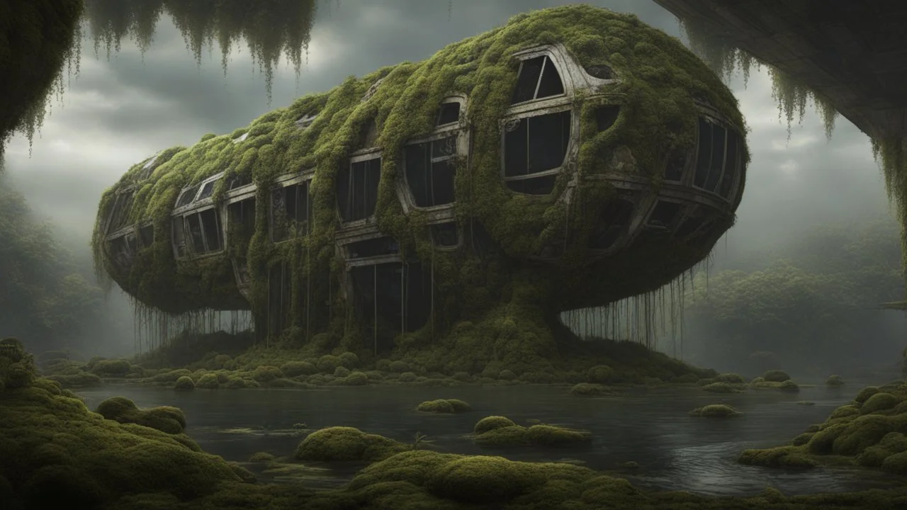 Surreal floating alien balls with tentacles, rampant foliage, vines, and moss, next to a derelict alien building, photorealistic