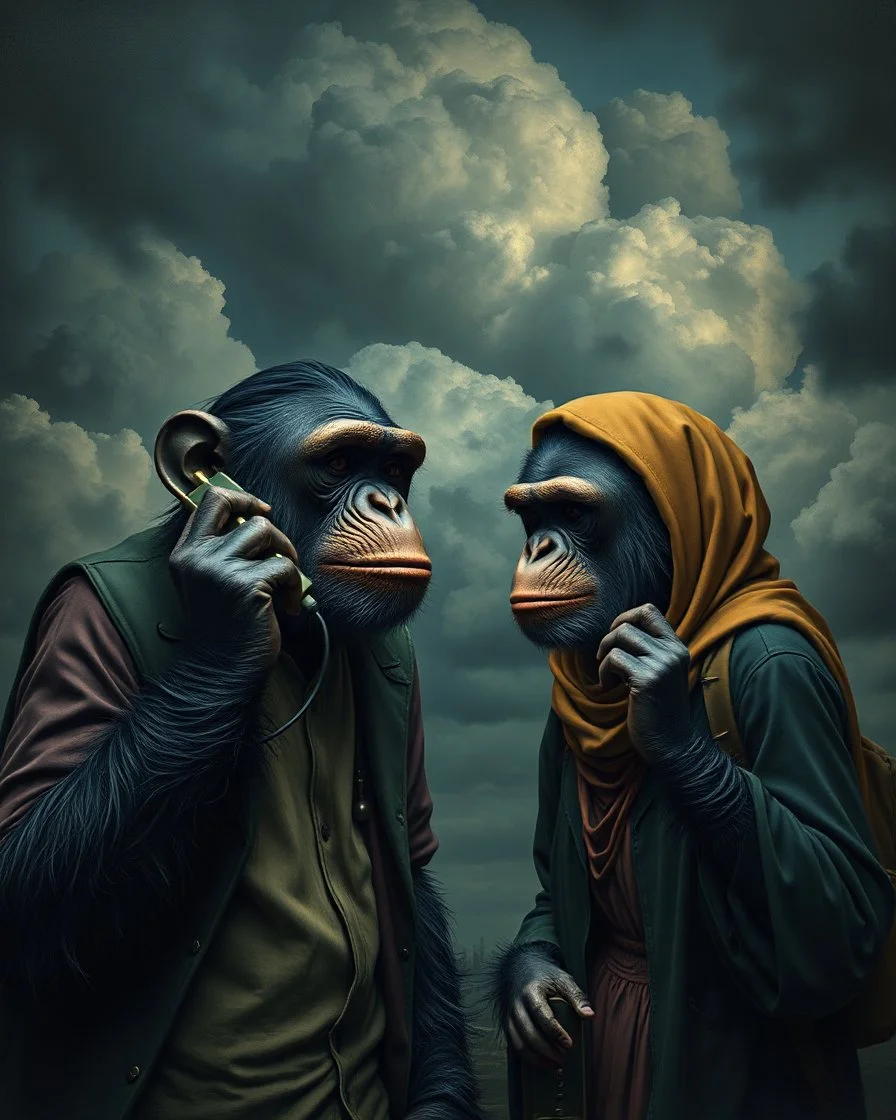 Bosch painting style, nightmare , a male chimpanzee dressed like a teenager with phone talking to a female chimpanzee dressed like a teenager also has a phone . great quality picture with cinematic scenes , heavy clouds in the background