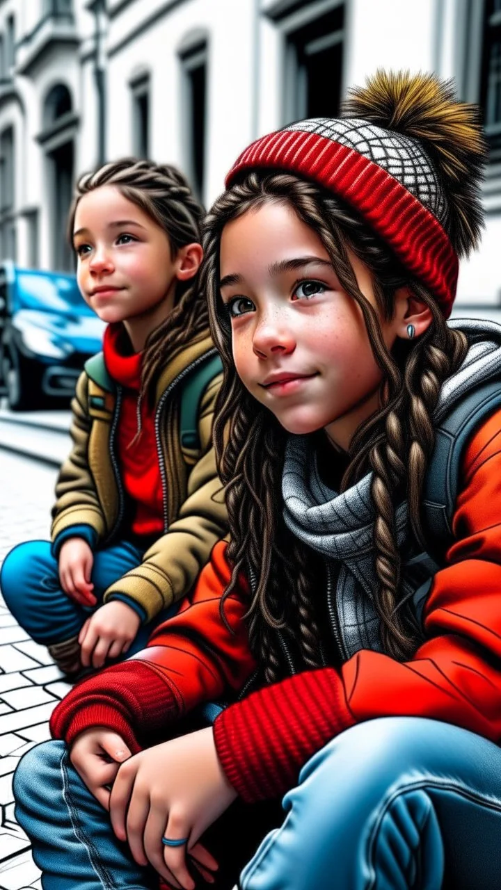 iki kız beraber sokakta oturuyorlar yaşları daha büyük liseliler daha renkli kızlardan birinin saçı kabarık diğerininki ise biraz uzun ve örgülü yaşları biraz daha büyük kıyafetleri değiştir pozları değiştir tarzı değiştir
