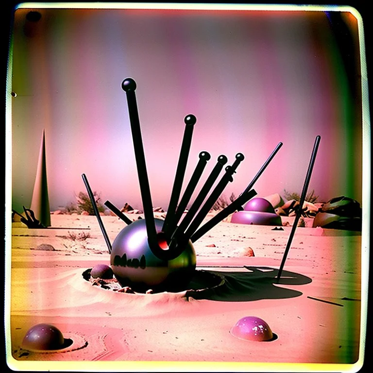 Odd spindle-shaped objects scattered over an arid surface, nothingness, close-up, polaroid, in Yves Tanguy style, nightmare