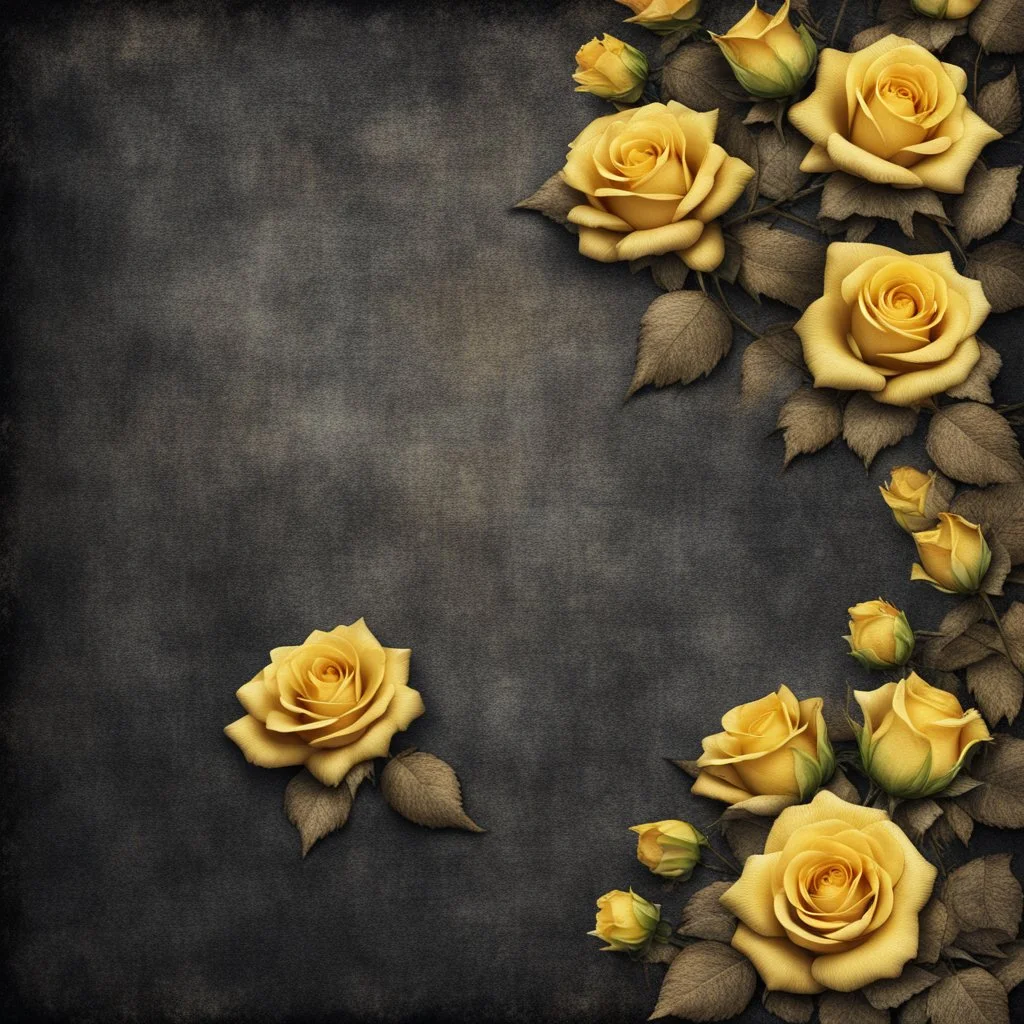 Hyper Realistic grungy multicolored small yellow roses border background with rustic black jeans texture & vignette effect