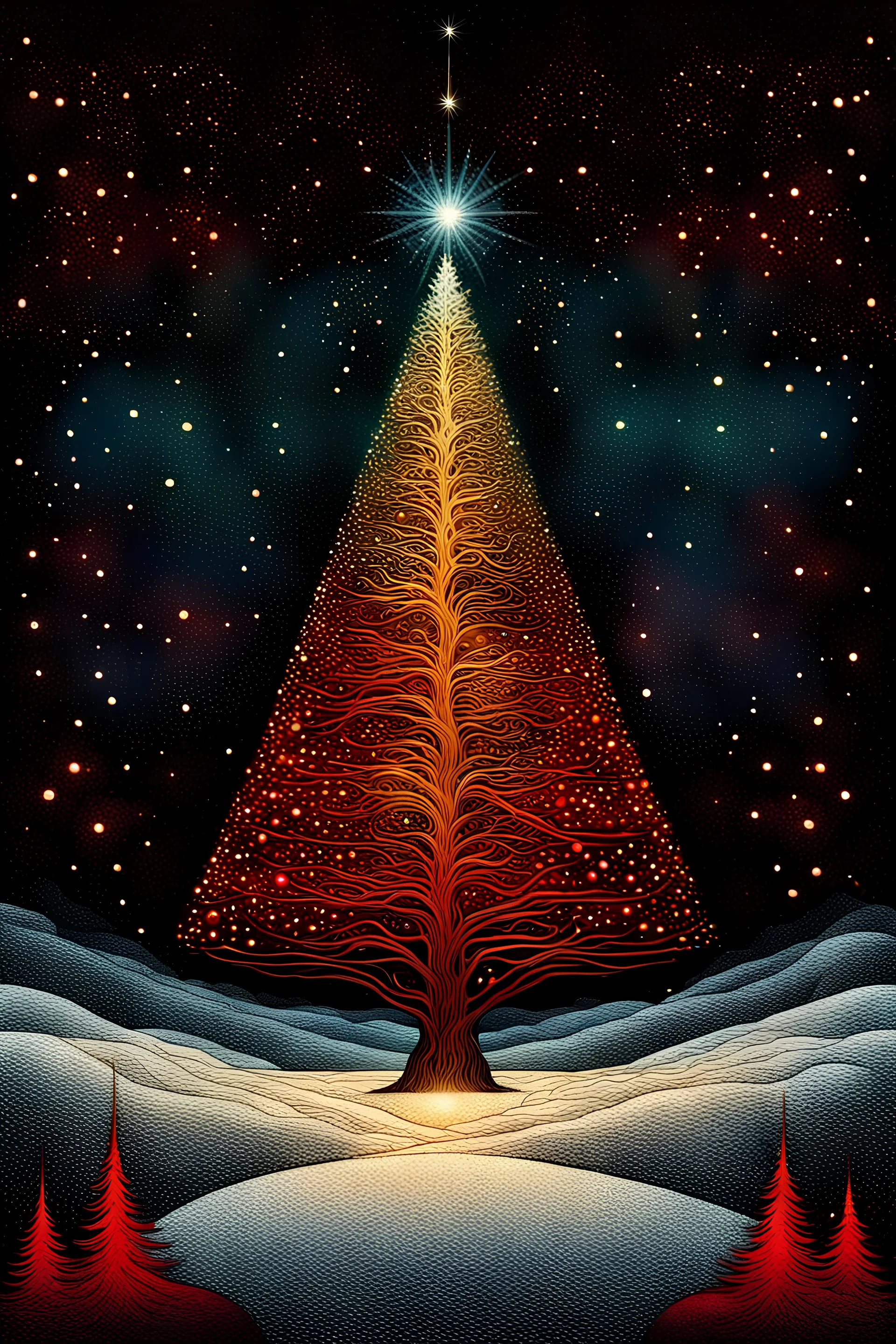 deep rich colors, magic lighting, Beautiful abstract winter Christmas tree landscape illustration in Leonardo da Vinci style, beautiful fantasy dreamy surreal abstraction, deep rich colors, magic lighting, Jean-Baptiste Monge, Gustav Klimt geometric ornamental style, cosmic galaxy white, black, red, gold, extravagant surreal beautiful ornamental dots and lines surreal abstraction, surreal Rene Magritte, solid colors, reminiscent of luxury, minimalist, clean with some abstract elements, dark colo