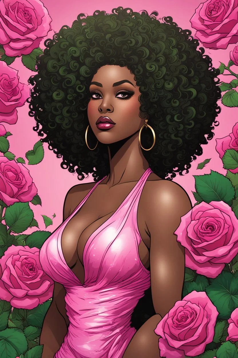 create an comic book art image of an african curvy female looking to the side with a large mane of curly black afro. prominent make up with hazel eyes. Highly detailed hair. Background of pink and green roses surrounding her