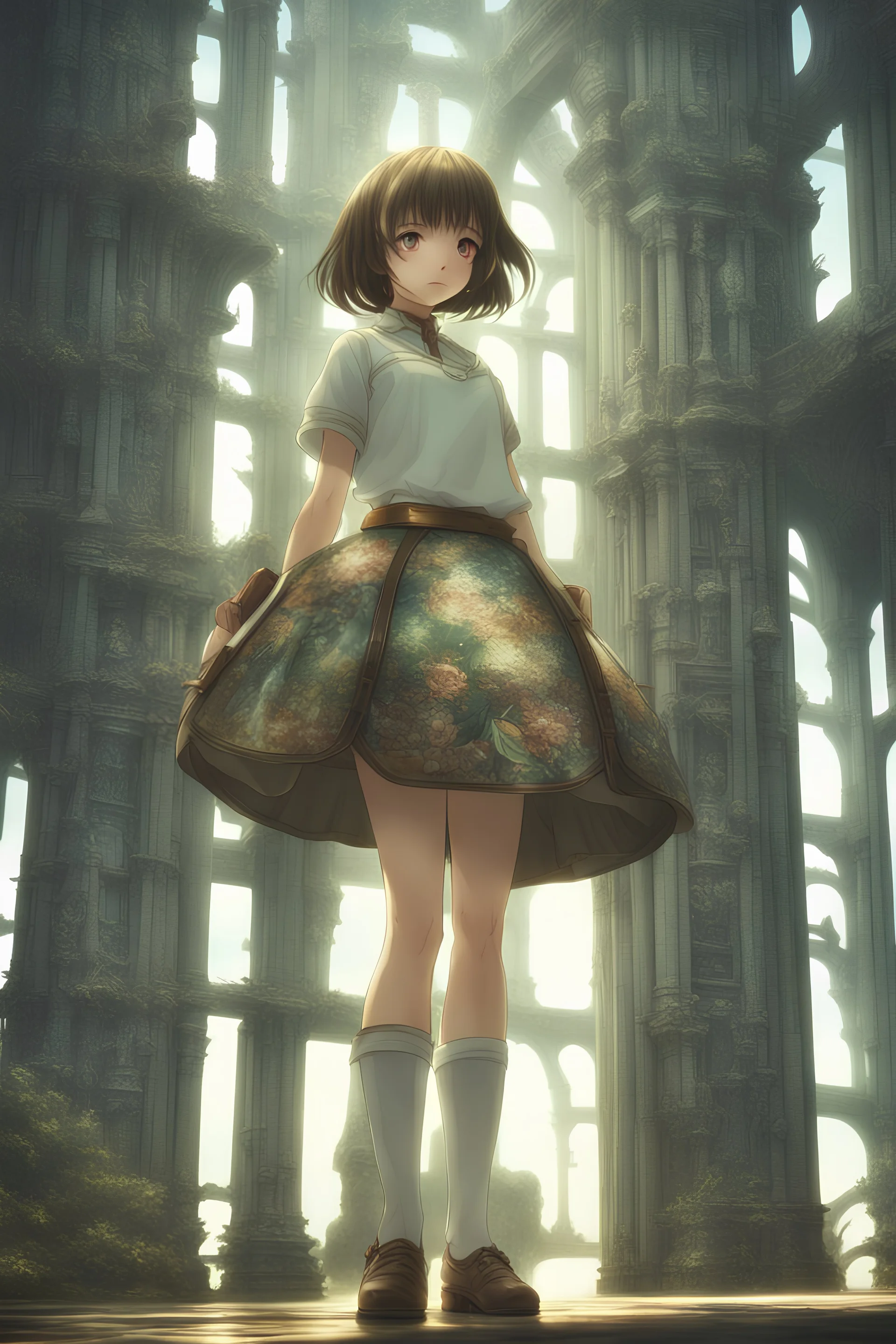Christian Riese Lassen, Hitoshi masumura, Surreal, mysterious, strange, fantastical, fantasy, Sci-fi, Japanese anime, herbarium, if the world were one glass marble, cartographer's miniskirt beautiful girl, perfect volume body, detailed masterpiece depth of field cinematic lighting