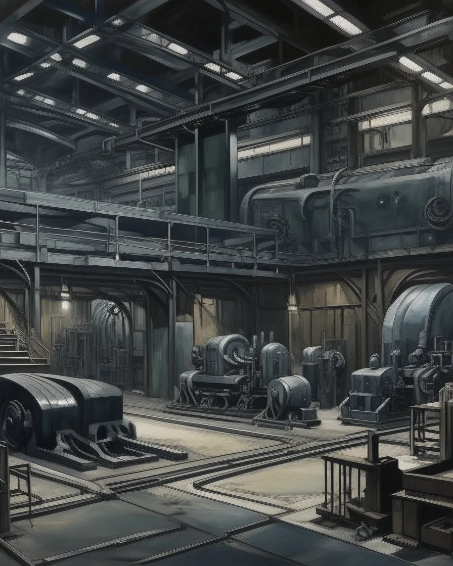 A dark gray metal factory with mechs painted by Edvard Munch