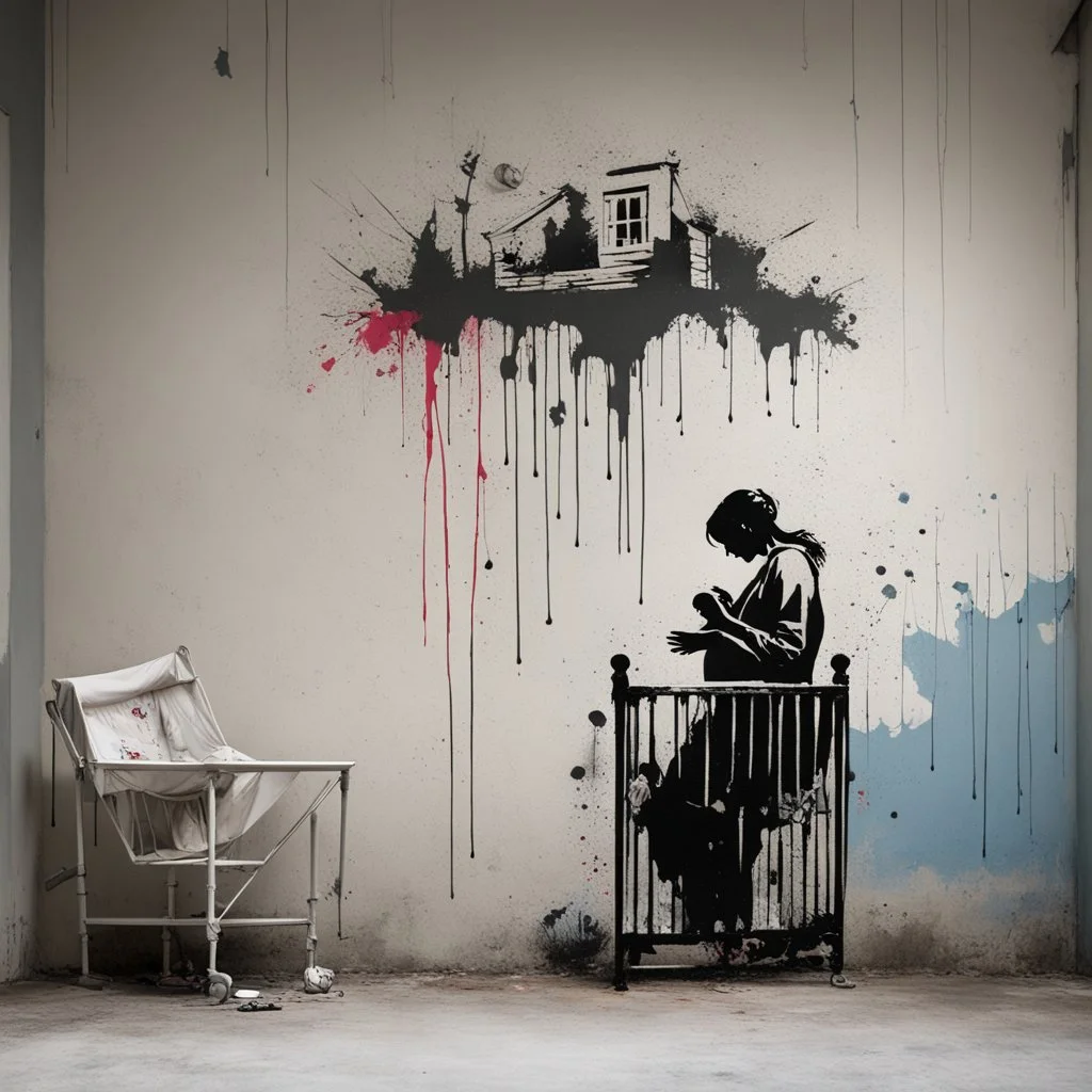 Banksy wall color graffiti of a pregnant mother standing wistfully besides a crib, Style by Banksy and pejac, maudlin, baby mobile, moody, spray paint splatter