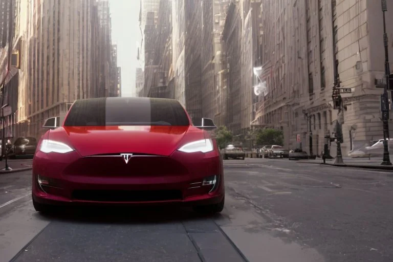 A Tesla 'Model Y' is drifting at high speeds, on 'Wall Street', in New York. (CINEMATIC, WIDE ANGLE LENS, PHOTO REAL)