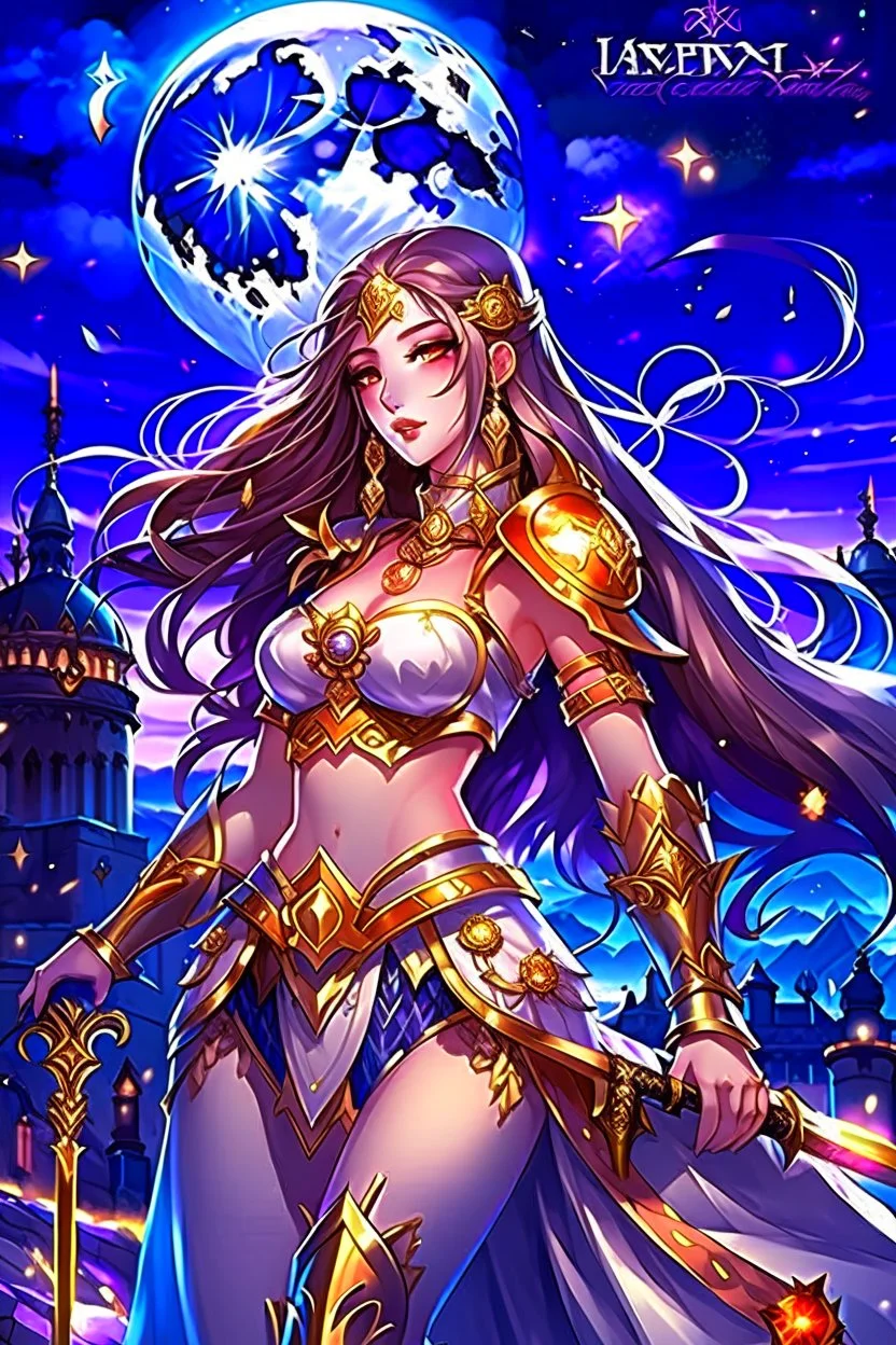 SUPER PRETTY GIRL, WITH A LITTLE WHITE-GOLD ARMOUR, PURPLE LONG HAIRED, NICE EYES, GREATH SMILE, BIG BUBS, NICE BODY, STAY ON DARKNESS CASTLE, STARS SKY, MOON, LEGENDARY WARRIOR, POWERED GIRL, A GOLDEN GLOW AROUND HER BODY.