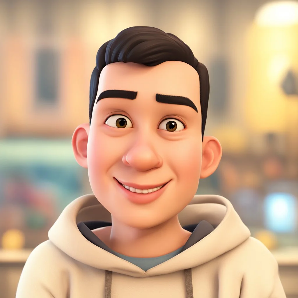 a portrait of smiling young cute western man. caricature. black hair. short buzz cut hair style. light skin. dark eye pupils. small eyes. black thick eyebrow. small round chubby face shape. a bit small goatee, without moustache. big nose. thick mouth. white sweater hoodie. pixar style. 3D. 4k. portrait. highly detailed. sharp focus. high resolution. full color. cinema lighting