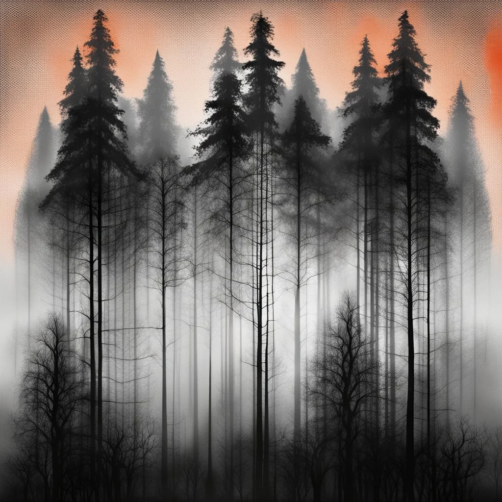 silhouette of tall dark trees, black, gray colors, surreal, foggy, mesh, red-gray-orange background, painted, lacy pattern melting, dreamlike scene, blurred with wet ink, masterpiece