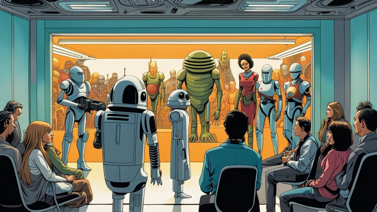 in the futuristic waiting room of a studio, a large crowd waits in front of a giant glass door, aliens of all sizes, colors, and looks, droids, mutant girls, strange fantastical creatures, and a few human-like beings linger in the crowd. high detalied, sharp focus, photorealistic