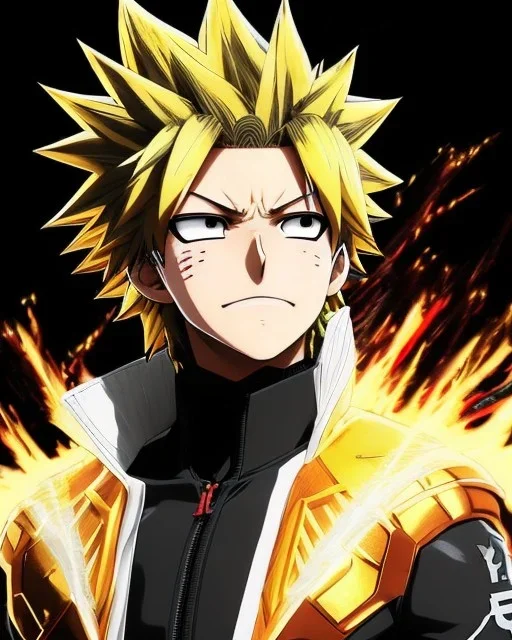 Detailed anime portrait of bakugo from my hero academia, gold hair and golden eyes, black suit, intricate details, full body portrait, keep head in frame, slight smile, black Japanese motif, concept art, highly detailed, digital painting, concept art, sharp focus, illustration, art by Yoji Shinkawa, WLOP and greg rutkowski and alphonse mucha and artgerm and yanjun Chen and Junji ito and Makoto Shinkai, HDR, octane render