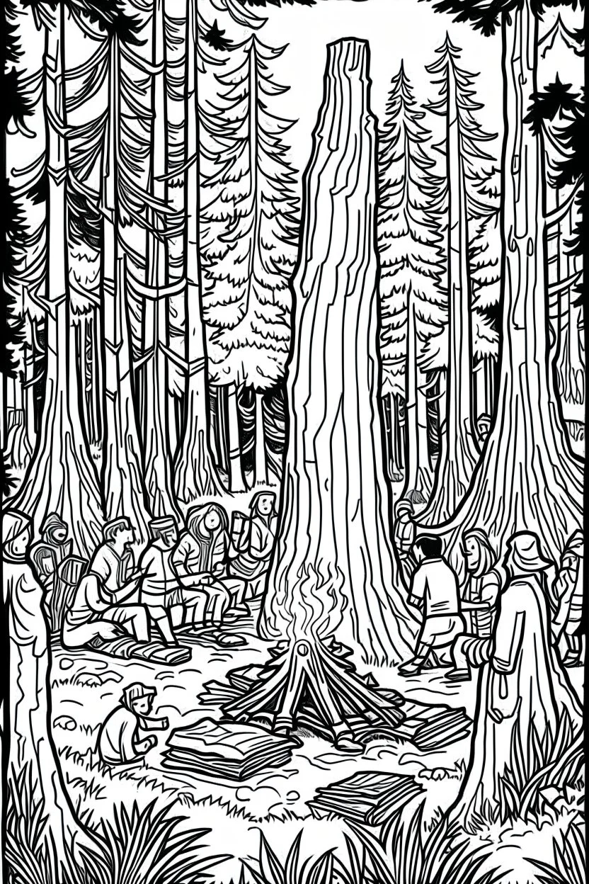 Under the vast canopy of ancient redwood trees, a group of friends dances joyously around a roaring campfire. The towering trees create a cathedral-like atmosphere, and the bonfire's flames illuminate the massive trunks, conveying the profound connection with nature and the freedom of uninhibited expression..coloring book page, simple and clean line art, adult drawing book, black and white, crisp black lines, no shades, sharp lines, coloring book for adults, cartoon style, landscape