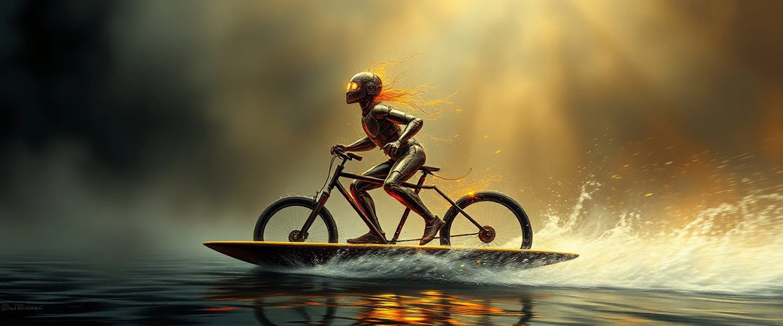 master oil painting by Rembrandt, viggo sandvik as insane eel wild ginger robot on surfboard boat trike , goa trance glitch poster, background motion blur, volume fog with light rays