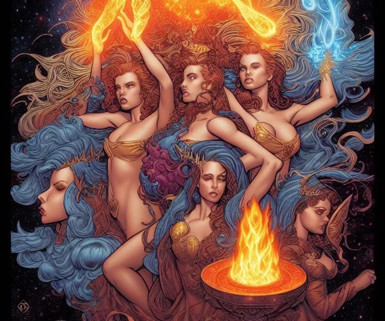 four dolldivine representing the elements fire, earth, air, and water. Mark Brooks and Dan Mumford, comic book art, perfect, smooth elemental galactic space core royalty queens crown.