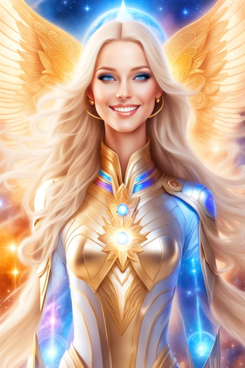 cosmic woman smile, admiral from the future, galactic confédération, fine whole face, crystalline skin, expressive blue eyes,rainbow, smiling lips, very nice smile, costume pleiadian, Beautiful tall woman pleiadian Galactic commander, ship, perfect datailed golden galactic suit, high rank, long blond hair, hand whit five perfect detailed finger, amazing big blue eyes, smilling mouth, high drfinition lips, cosmic happiness, bright colors, blue, pink, gold, jewels, realist, high,rainbows