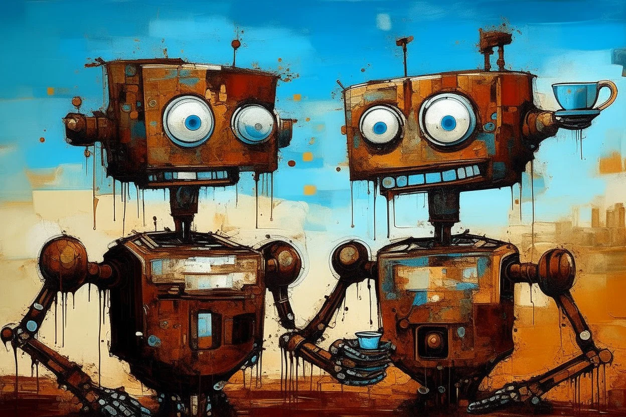 two crazy rusty scrappy robots drinking coffee in urban decay, negative space, wet print, ink leak, overheat, dramatic, cinematic, sudden jolt dynamics, amazing reflections and parallels and verticals, Afro-futurism, surreal futurist architecture art, surreal liminal space, tribal vibe and patterns, colors of light sky blue and beige and black