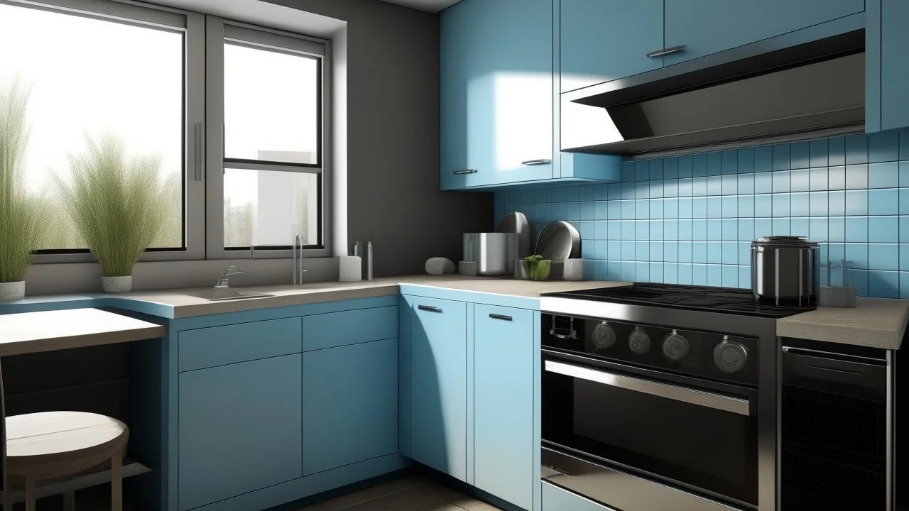 kitchen with blue, on the left side by the window from the bottom up, a microwave and an oven installed in the furniture, and on the right side and next to it an induction hob and a cooker hood above it, on the right side there is a sink and a dishwasher underneath it