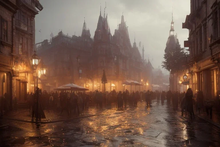 Bustling Small medieval fantasy town, rainy, street lights