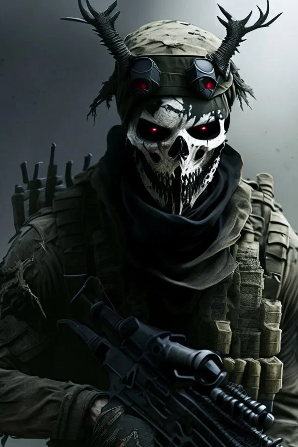 A soldier in the game modern warfare, he wears a skull mask with horns that covers his eyes. The lower half of his face is covered by a mask with a bloody fanged grin. He is a sniper, but can also run point. His call sign is Wraith. Couple