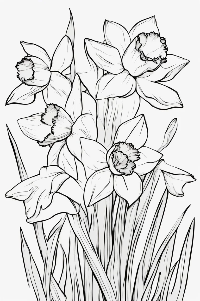 outline art for Spring: Daffodils , White background. sketch style, clean line art, white background, no shadow and clear