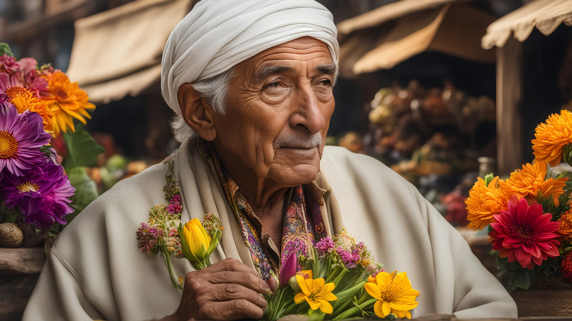 elderly male market trader selling all kinds of exotic flowers, showing his head and upper body, perfect eyes, perfect anatomy, exquisite composition, beautiful detailed intricate detailed octane render, 8k artistic photography, photorealistic, soft natural volumetric cinematic perfect light, chiaroscuro, award-winning photograph, masterpiece, raphael, caravaggio, bouguereau