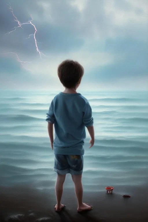 photorealistic painting of young boy looking out to sea, old man dead in background, dark clouds overhead, lightning, shopping trolley on side, dusk