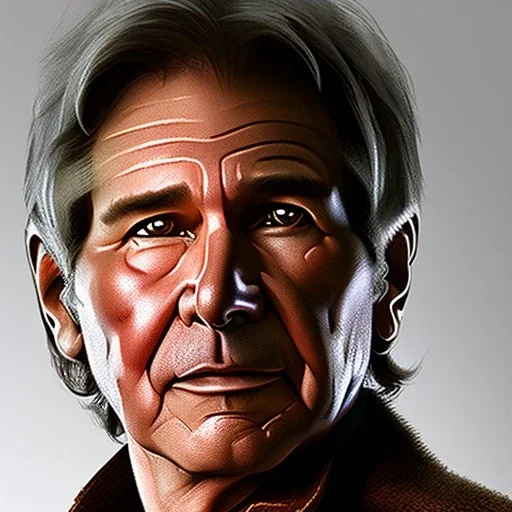 stunning photo realistic detailed head to waist portrait of harrison ford as han solo in star wars with photo realistic short hair by alice zhang,Sam Spratt, Yi Fan, Houston Sharp, Matija Obrovac, Sharp focus, brown eyes, weathered skin,space jacket from star wars, octane render, intricate