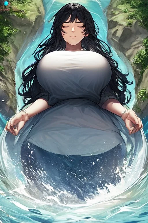 a beautiful woman, long curly black hair,closed eyes,coming from beneath the water,braking the surface with her face just coming out the water,looking up symbolism for breaking free. realistic,8k quality, action close shot from areal view,highly detailed , chaos 80