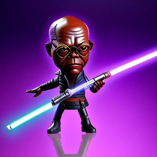 Bald Samuel jackson purple jedi bobblehead holding a lightsaberS and boots,