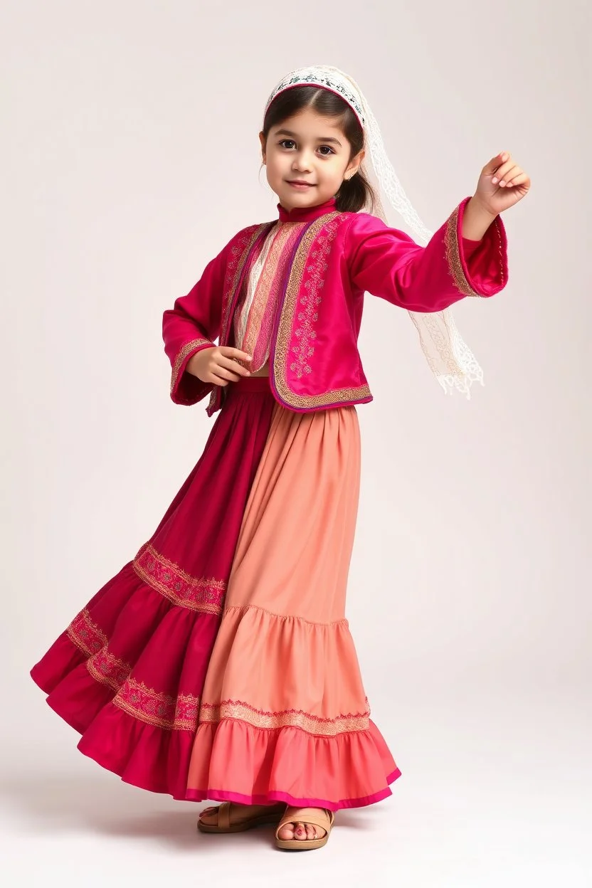 full body 7years old girl ,simple background, full body of very pretty little girl in azeri dance wearing A underdress or shirt, often made of silk,A fitted, often velvet or brocade, jacket worn over the shirt.Wide, bell-shaped skirts are worn, often long and layered to create beautiful movements while dancing, with a long lace scarf at back of her head ,with pretty shoes,in relax pose looking at camera.