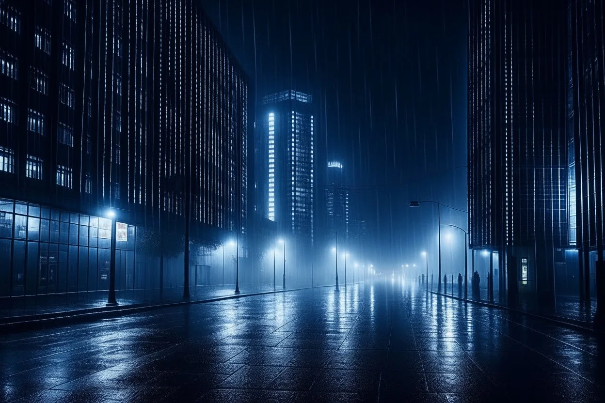A city in the future is at night and it's raining and it's foggy.