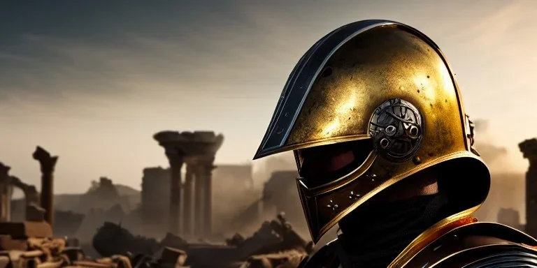 apocalypse, chaotic, magnificent, realistic, colorful, massive, epic, ray tracing, cinematic, 8k, HD, Ultra High Definition, photo film, film grain, hyper-detailed, 2 old tarnished ornate rusty Hyper detailed Gold Medieval Knight helmet with glass visor covering face and matching suit of armor, background with colorful destroyed ancient ruins