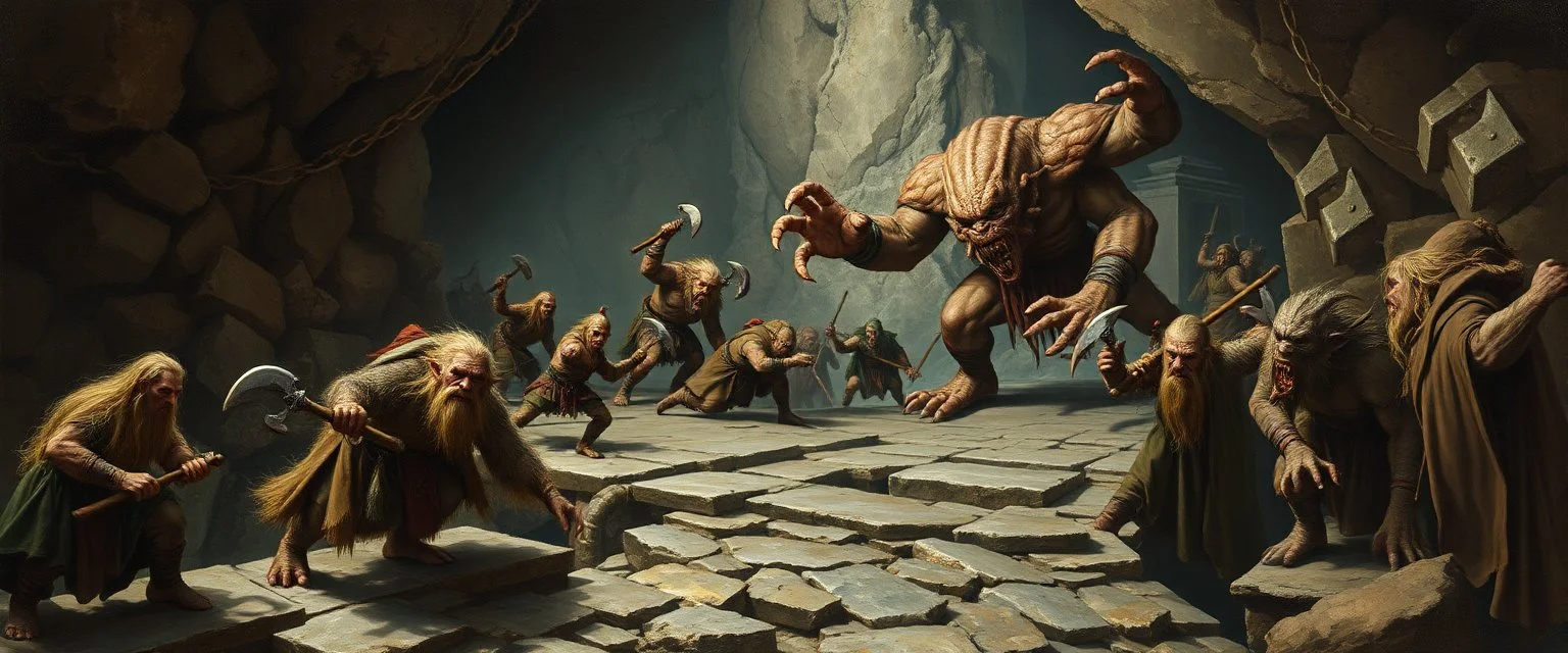 master oil painting by Rembrandt, realistic rendering wild battle on underground bridge, dwarves wielding pickaxes, orcs and mountain trolls, huge alien gremlin troll bugbear, bridge is kinda collapsing