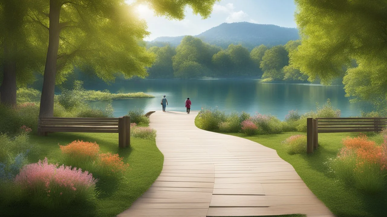 парк, зона озера, "царство водяного", Пешеходные дорожки — уютные тропинки по озеру, окруженные зеленью и цветами, которые ведут к различным уголкам "царства", Интерактивные элементы — информационные стенды о флоре и фауне озера, а также программы для детей, такие как рыбалка на игрушечных удочках или квесты.