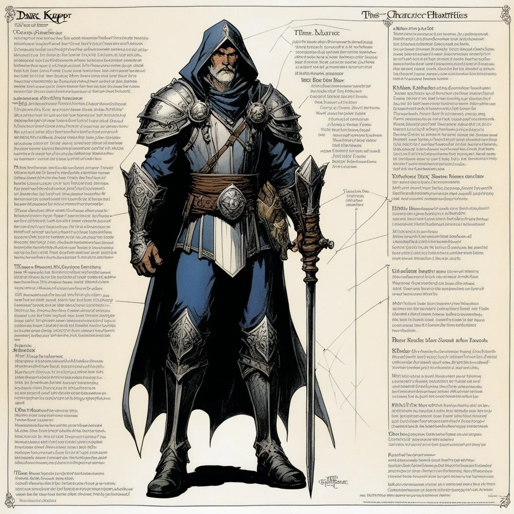 character concept sheet with AD&D statistics and characteristics, [illustration by Michael Kaluta] the dark keeper character class, his powers are Time Laps Back, Retain and night vision