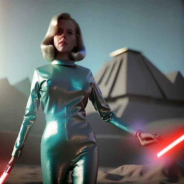 Ultra Realistic retro sci-fi portrait image from 1960, spaceship, sweet young Jane Fonda, dress with tight latex suit, lightsaber fighting stance, soft color, highly detailed, unreal engine 5, ray tracing, RTX, lumen lighting, ultra detail, volumetric lighting, 3d, finely drawn, high definition, high resolution.