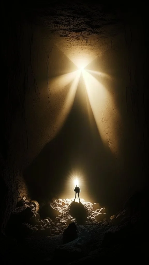 Figure on the scree cone of an underground room dimly lit by sunbeams diffuse, coming from a well located forty meters above.