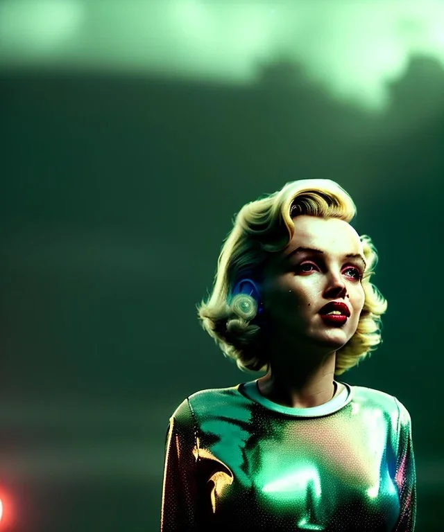 Ultra Realistic retro sci-fi scene, portrait, blonde woman, sweet young Marilyn Monroe face, perfect iris, tight latex coat, Strange planet background, Retro sci-fi style helmet, fog, rain, soft color, highly detailed, unreal engine 5, ray tracing, RTX, lumen lighting, ultra detail, volumetric lighting, 3d, finely drawn, high definition, high resolution.