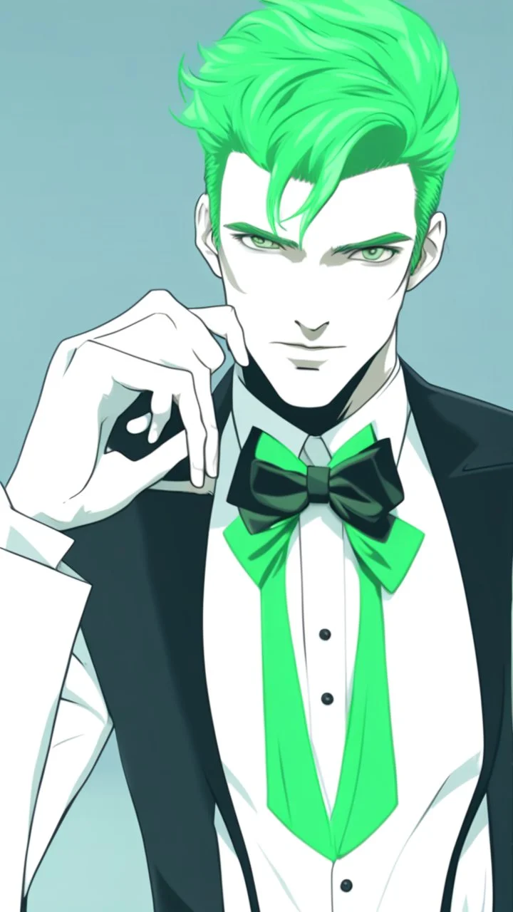 Handsome male model aged 20 hair cut short at the sides and longer on top wearing a tuxedo with a green cumberband and bow tie. Hyperrealistic 4k dark fantasy