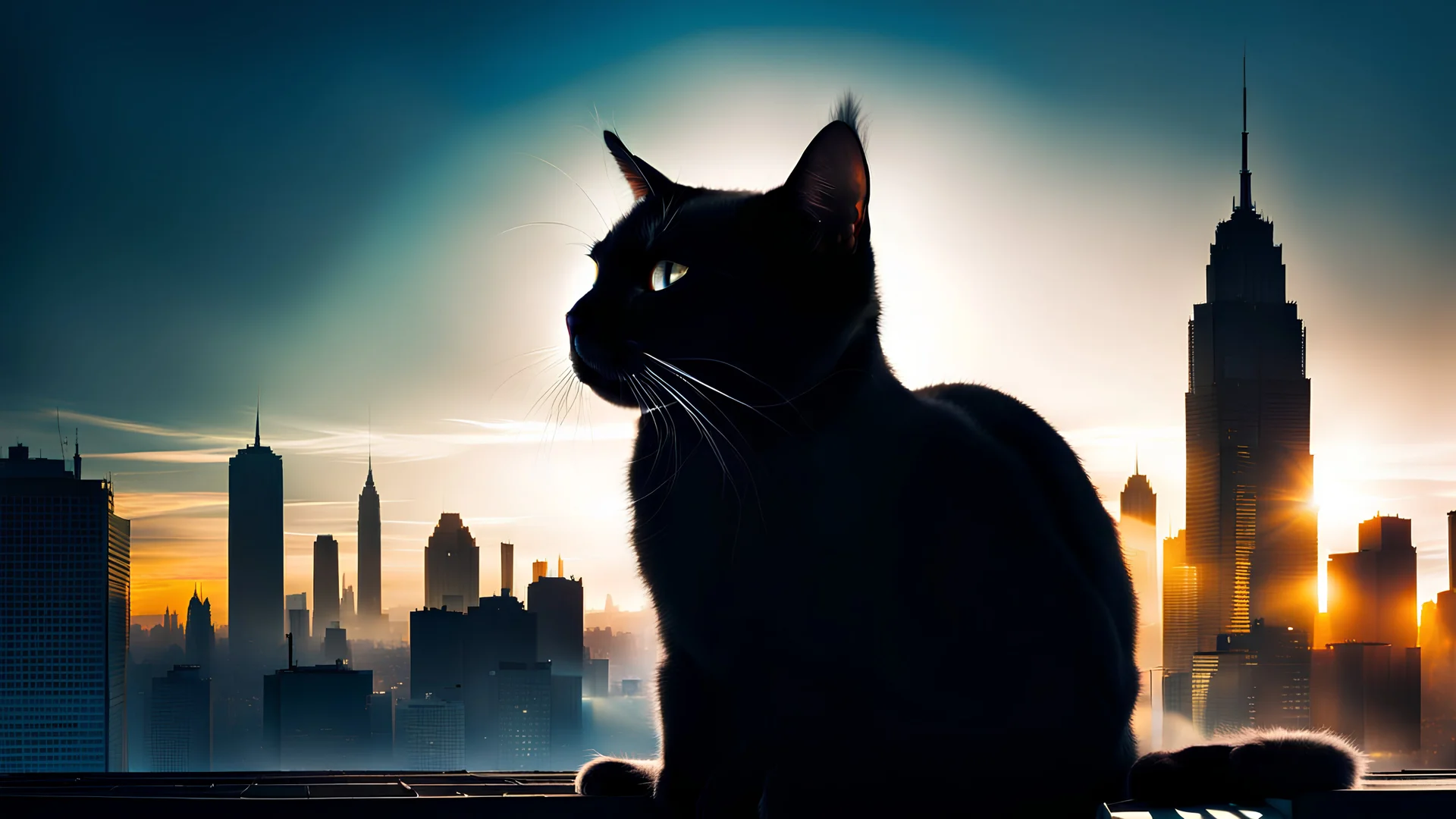 Silhouette of a cat with a double exposure of an urban rooftop view.