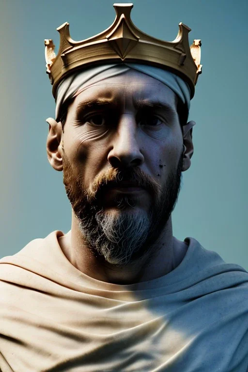 Ultra Realistic image, sculpture, white marble material, Lionel Messi, gold laurel leaves crown, god crown, gold veins, gold ornaments, Renaissance style, sun rays background, waist up portrait, epic, celestial, cinematic lighting, God lights, 4k resolution, smooth details, soft lighting, unreal engine 5, art station, substance 3d.