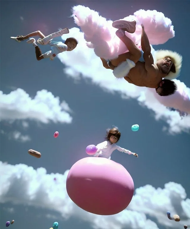 Ultra realistic speed clouds sky scene, wide angle view, sweet men falling down with many Childs, feather color clothing, free jumping flying, many trinkets, hair monster, many jelly beans, balls, color smoke, smile, happy, circus style, extreme, wind, clouds sea, 20,000 feet altitude, stratosphere, soft color, highly detailed, unreal engine 5, ray tracing, RTX, lumen lighting, ultra detail, volumetric lighting, 3d, finely drawn, high definition, high resolution.