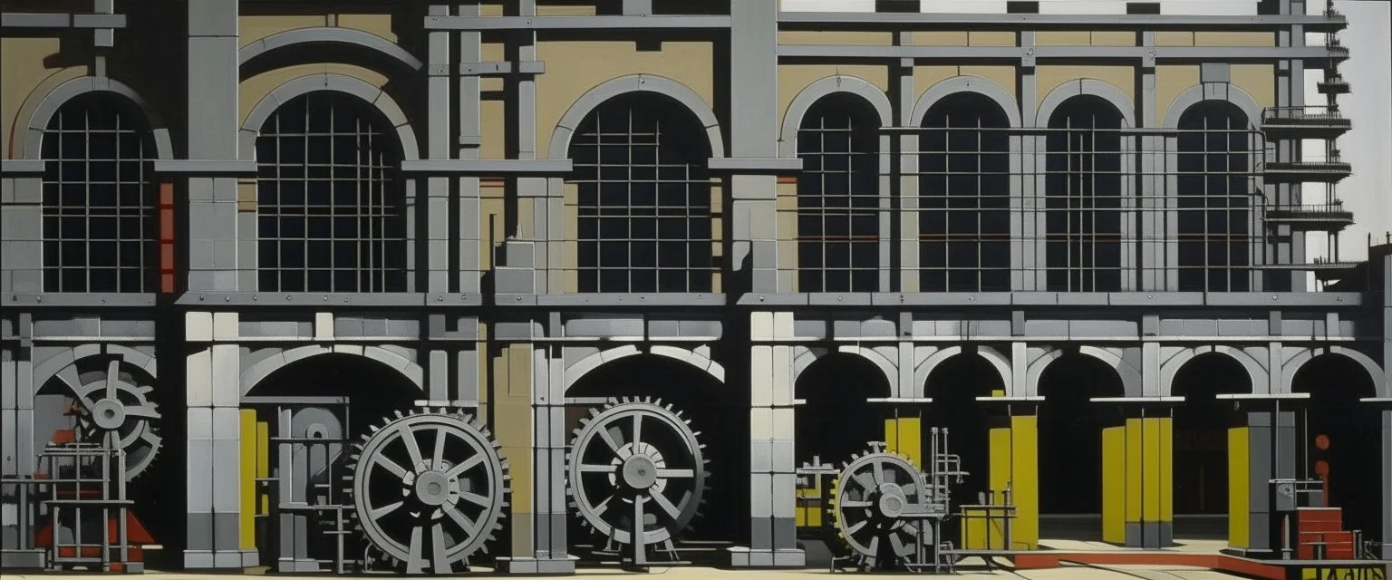 A gray ferro factory with gears painted by Stuart Davis