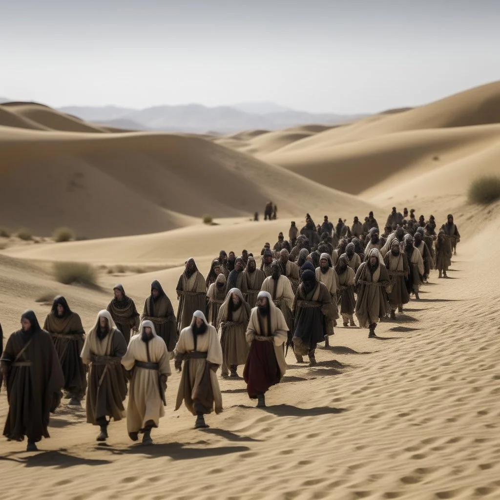 The pilgrims walking in the desert with caravans