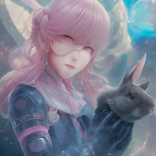 Detailed cute anime rabbit girl, pink hair buns, pink bangs, black latex bodysuit, intricate details, full body portrait, keep head in frame, slight smile, black Japanese motif, concept art, highly detailed, digital painting, concept art, sharp focus, illustration, art by Yoji Shinkawa, WLOP and greg rutkowski and alphonse mucha and artgerm and yanjun Chen and Junji ito and Makoto Shinkai, HDR, octane render