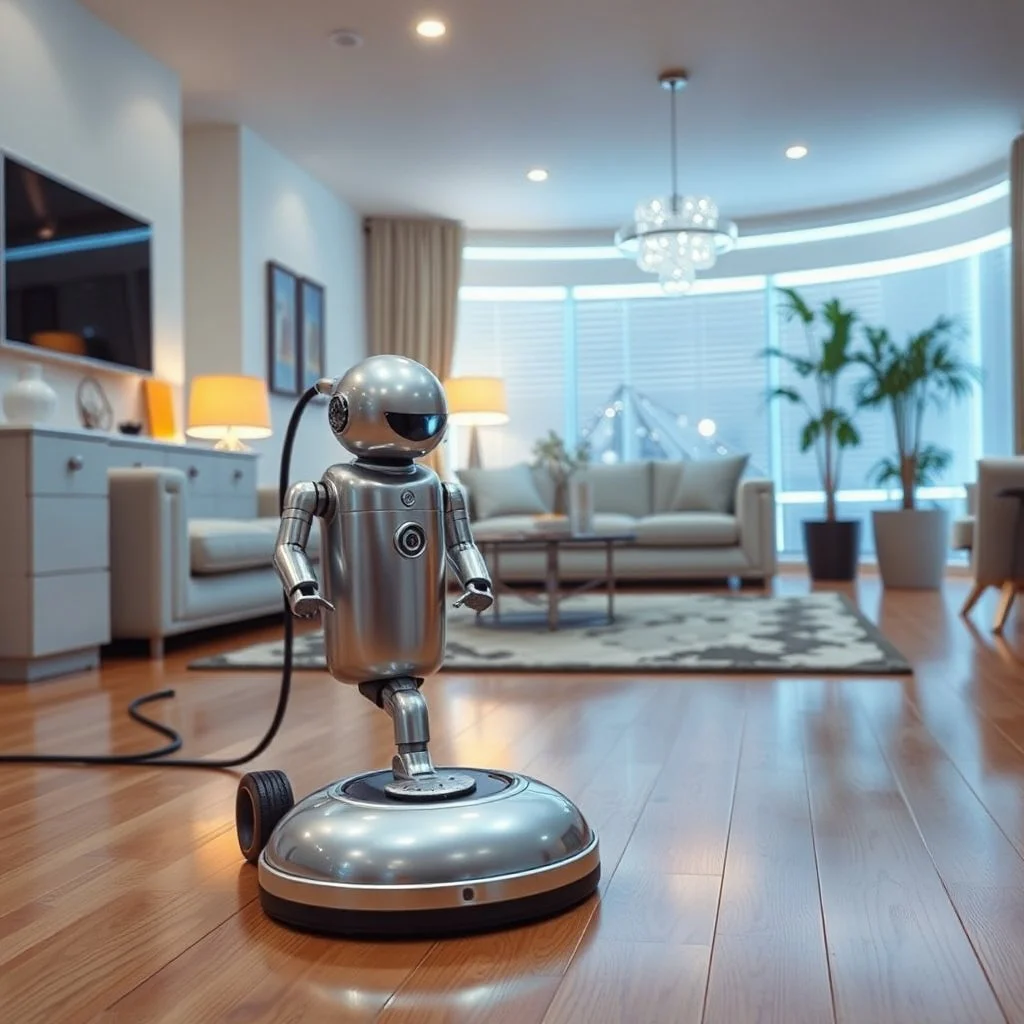 retro futurism, a silver metallic robot is vacuuming the floor in a Jetson's-like futuristic living room, photorealistic, shot on a Nikon camera