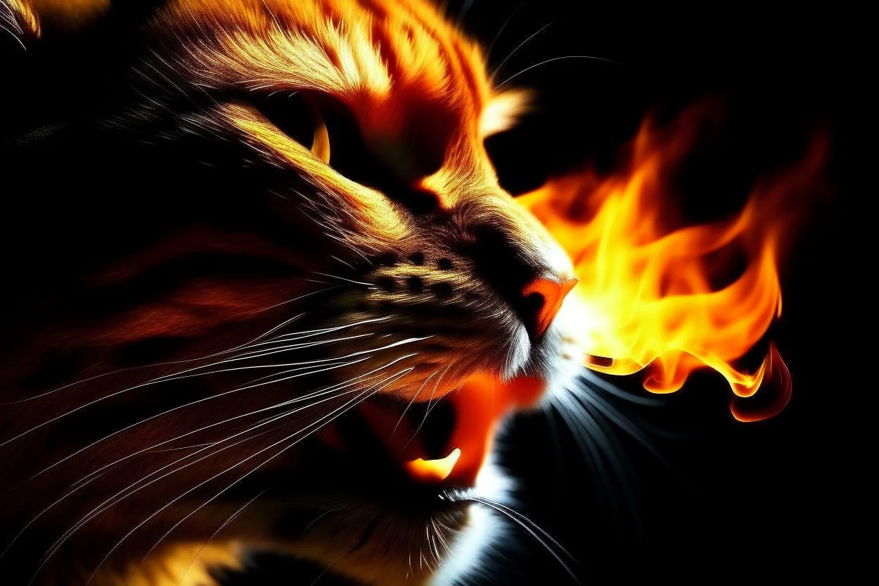 burning cat mouth in flamelight